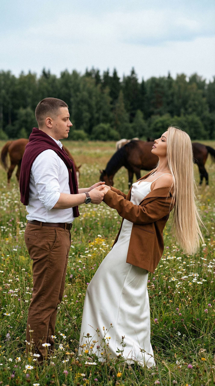Realistic Cinematic Girl Man Meadow Horses Forest