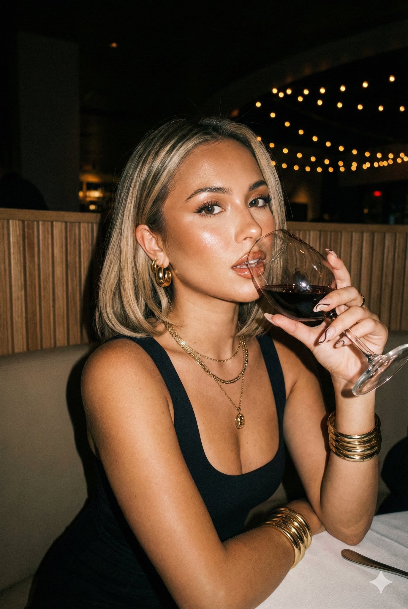 Wine Glass Black Tank Playful Pose