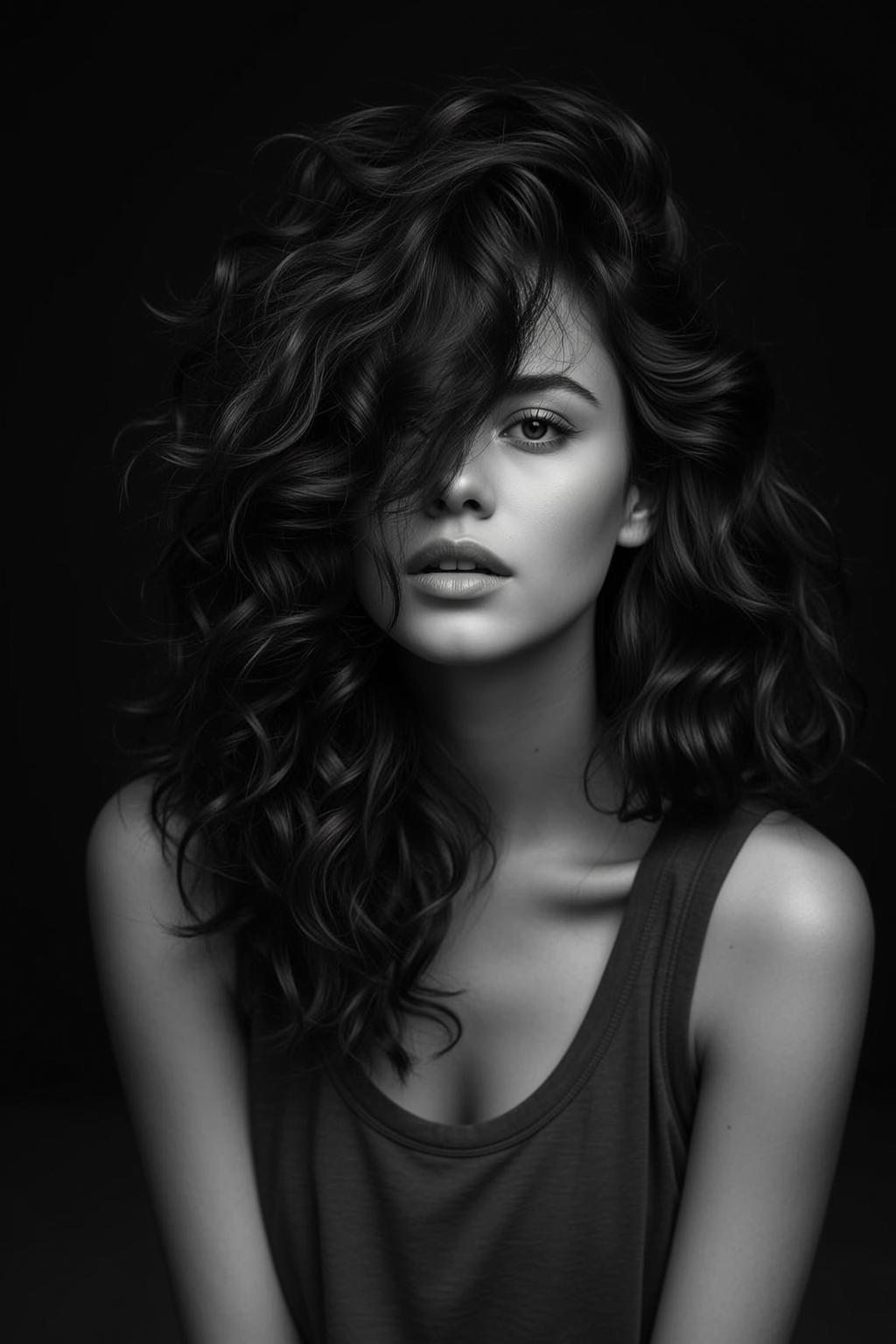 Photorealistic Black And White Portrait Young Woman With Voluminous Dark reference photo