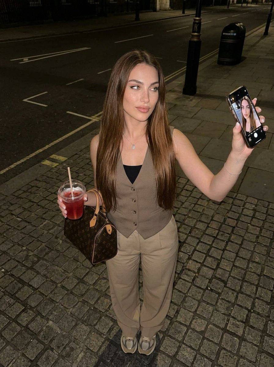 Realistic Night Street Portrait Woman Holding Phone