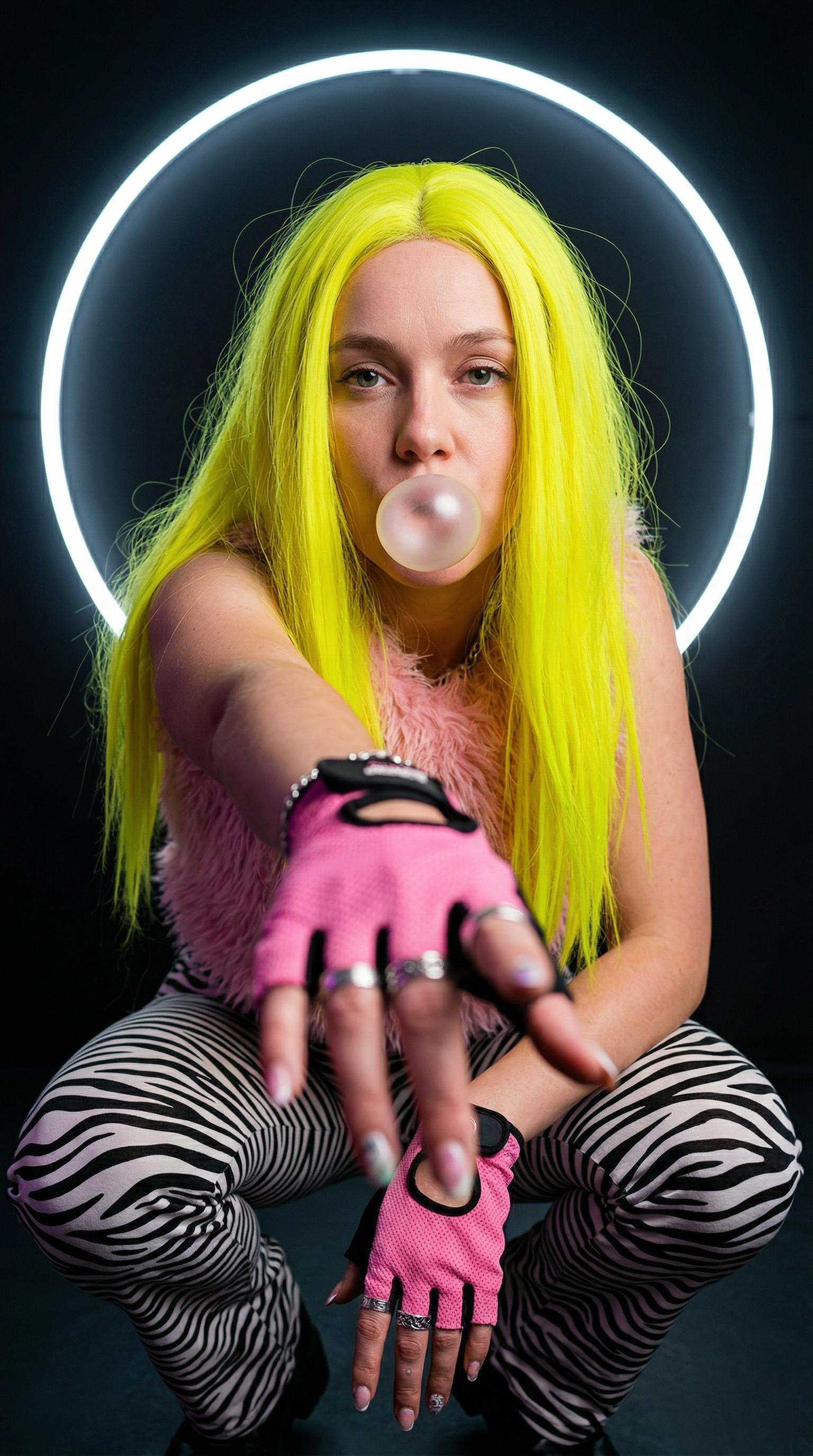 Yellow Hair Pink Gloves Blowing Gum Dynamic Pose