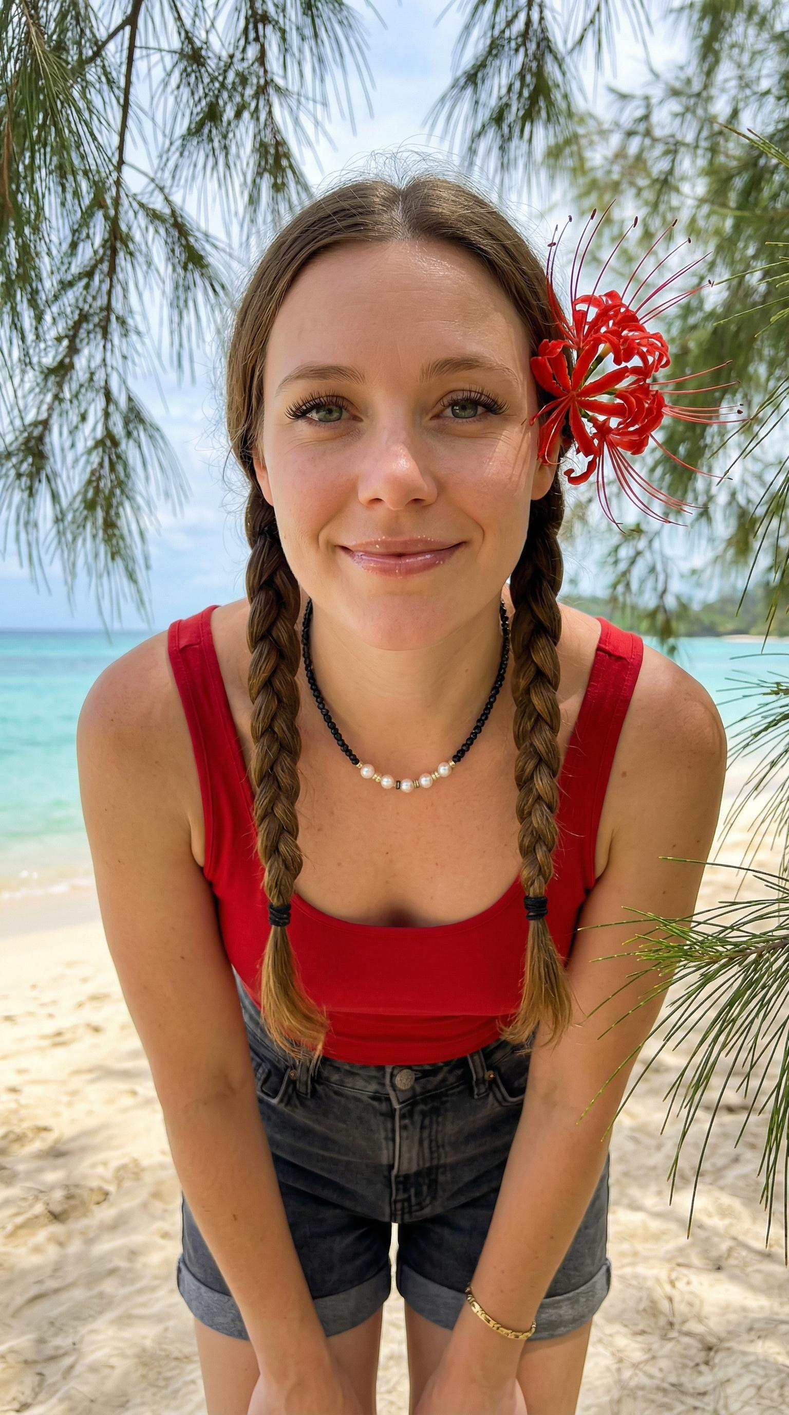 Red Lycoris Flower Twin Braids Camera Gaze