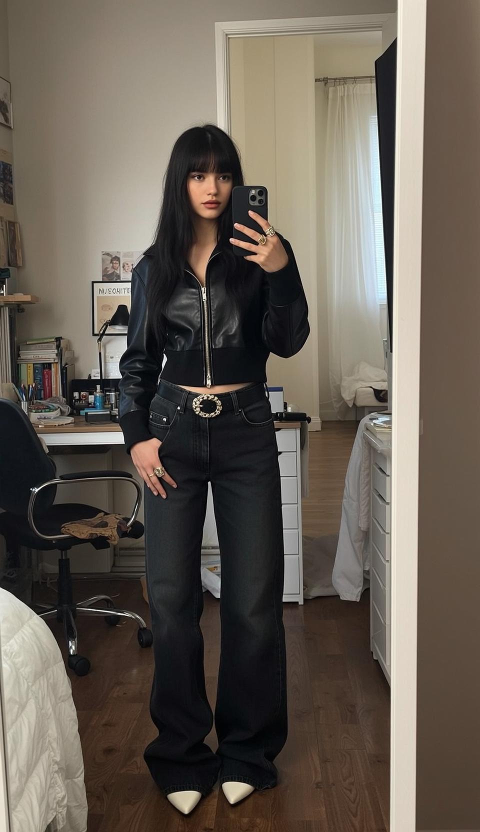 Black Bomber Jacket and Dark Wash Jeans in Bedroom reference photo