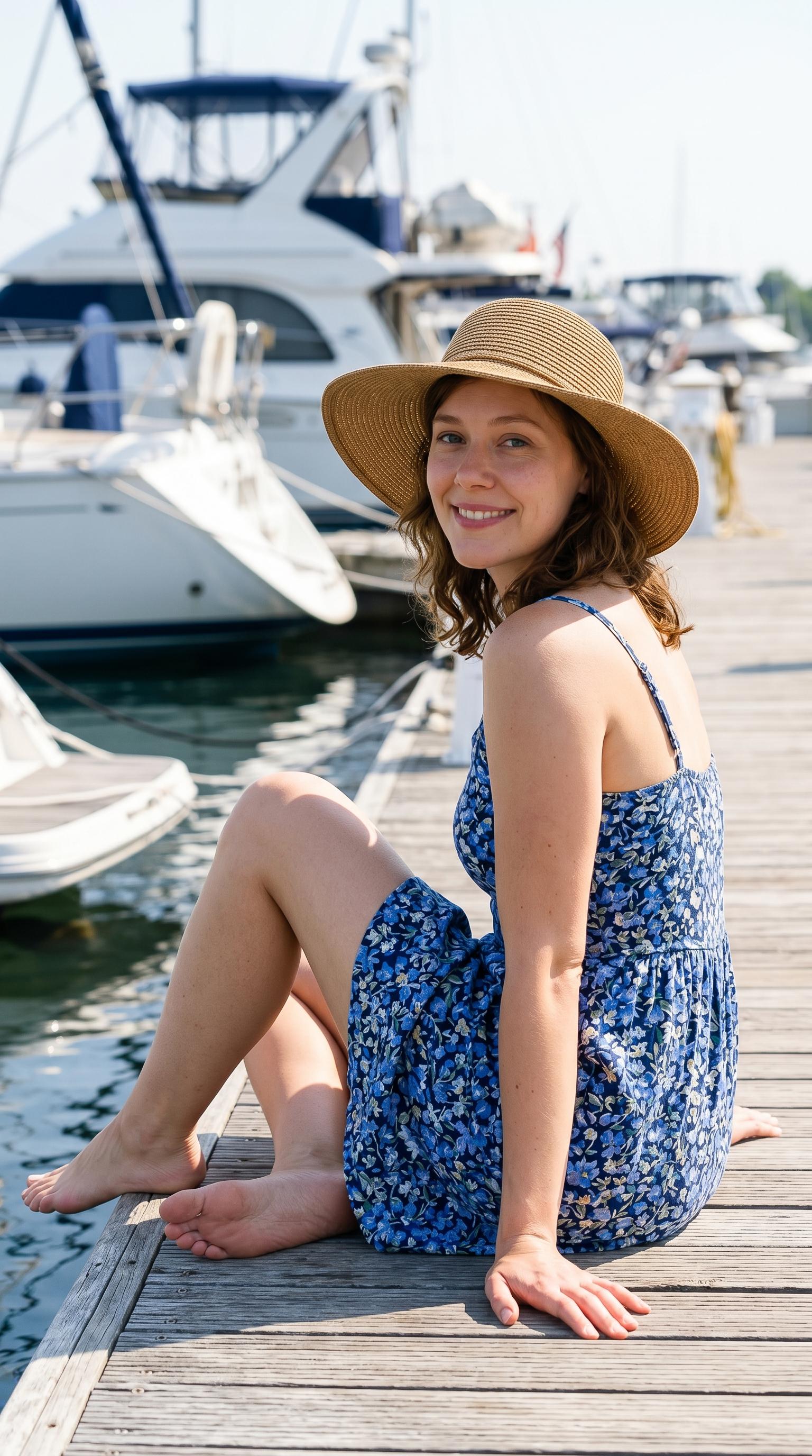 Wooden Dock Blue Floral Sundress Straw Hat