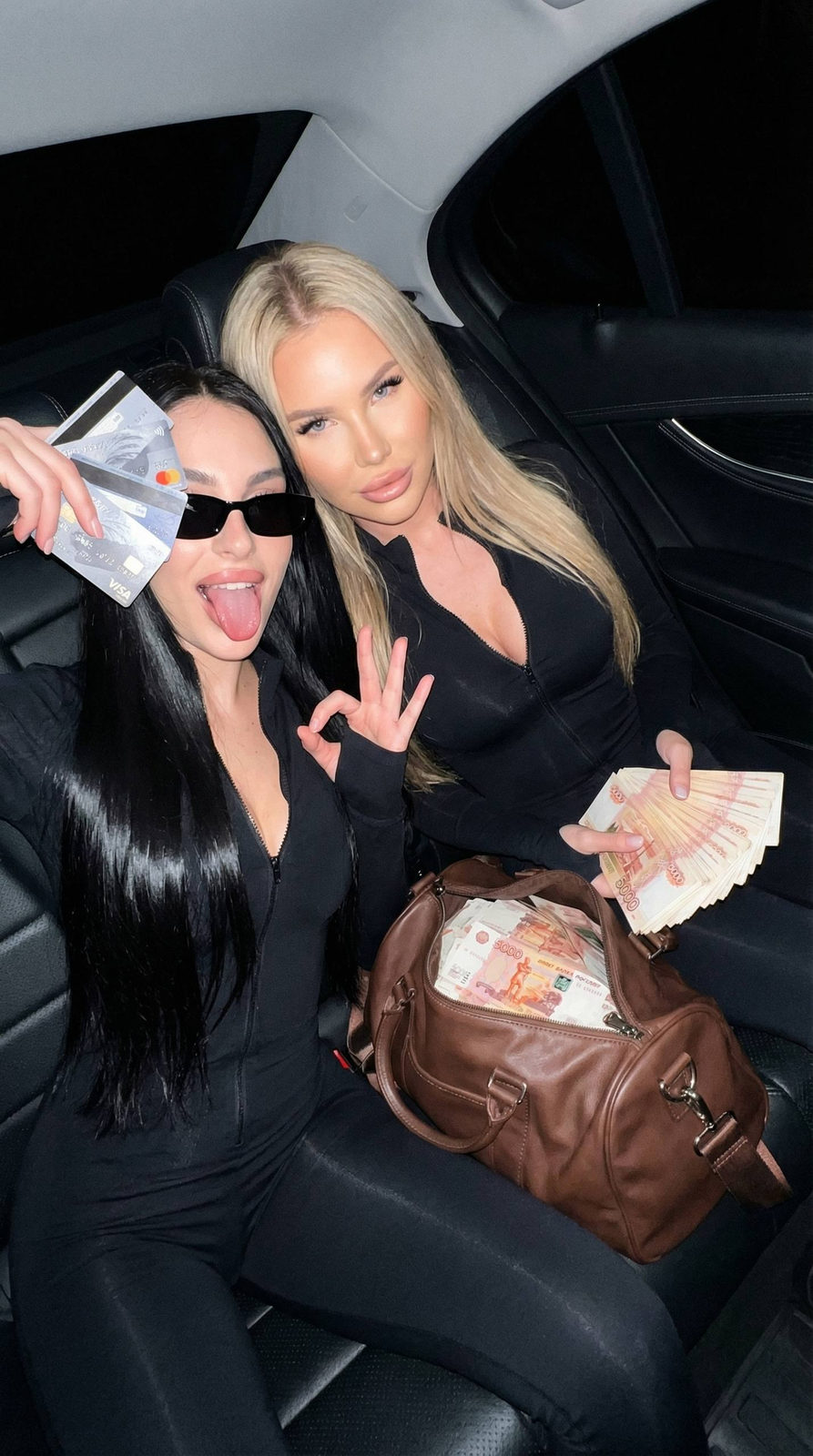 Car Interior Two Girls Money Prop Bag