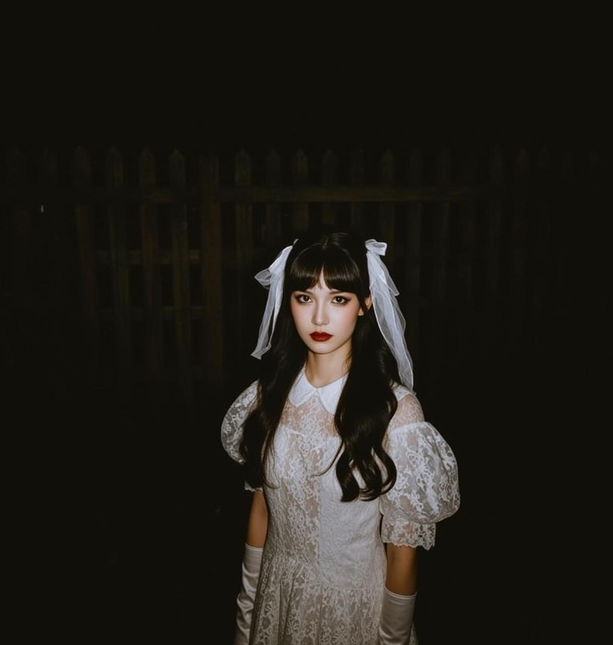 White Lace Dress At Midnight Fence reference photo