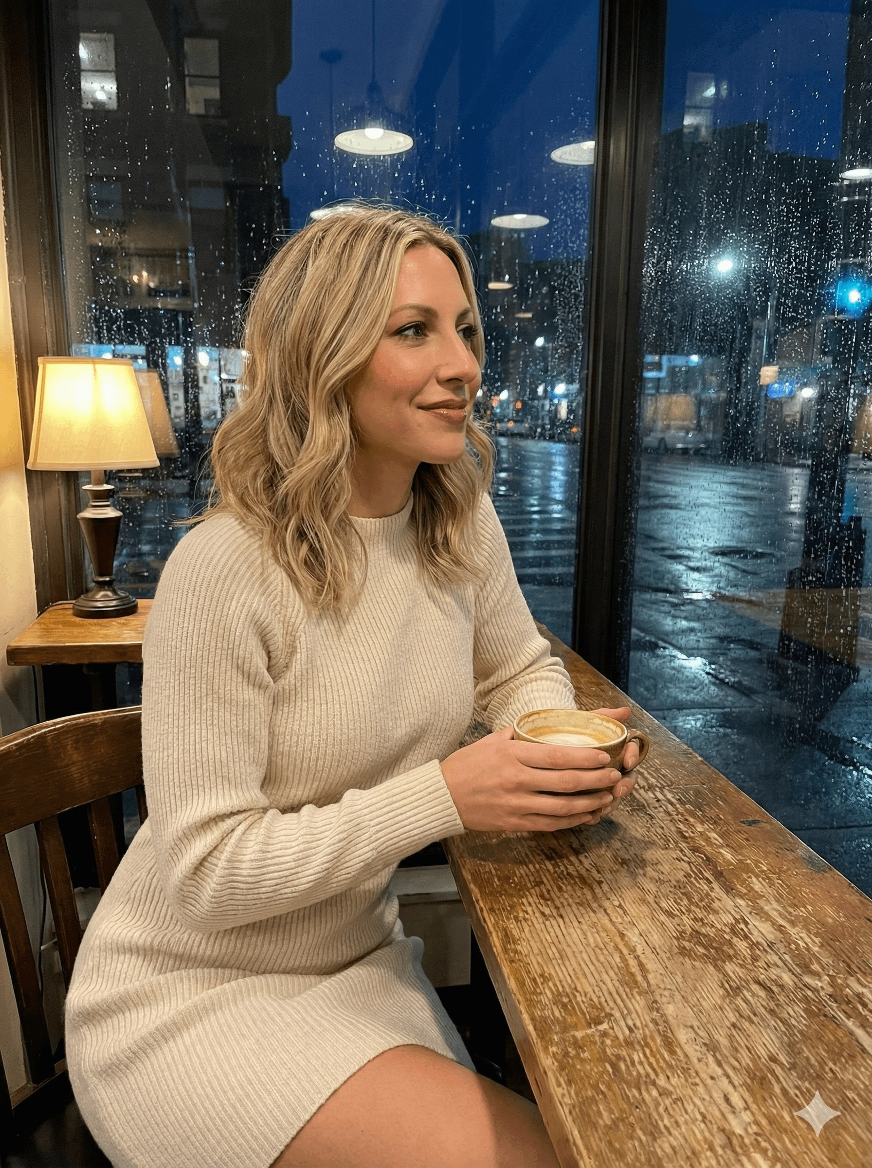 Cozy Coffee Shop Night Rain Window Reflection Knit Dress