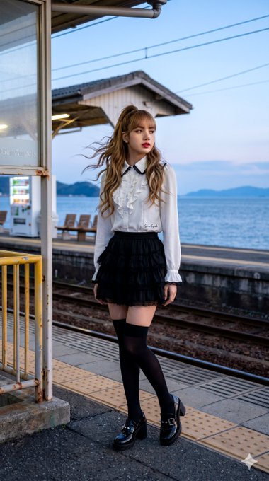 Train Platform White Blouse Black Skirt Shallow Depth