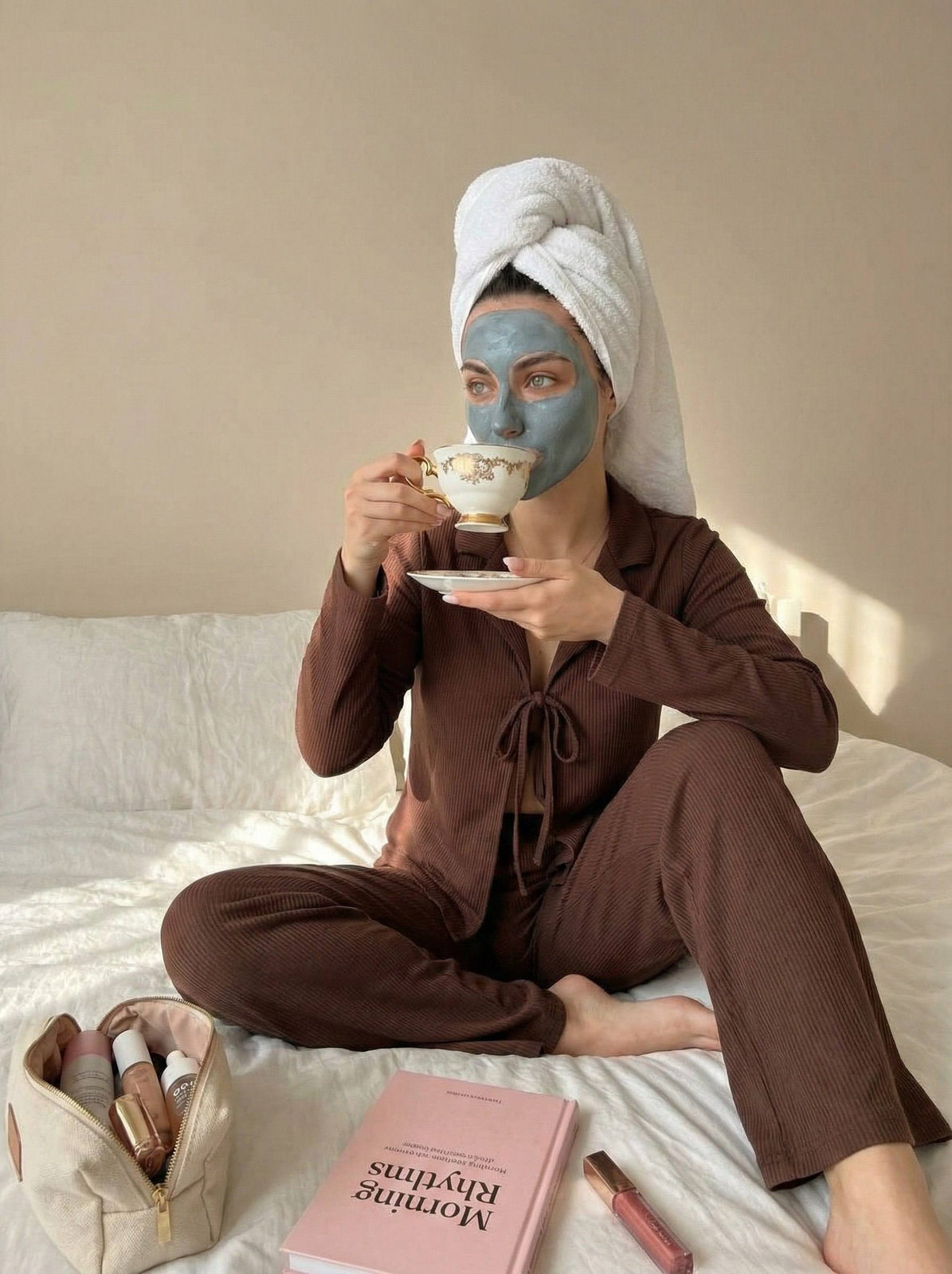 Realistic Woman Bed Morning Self Care