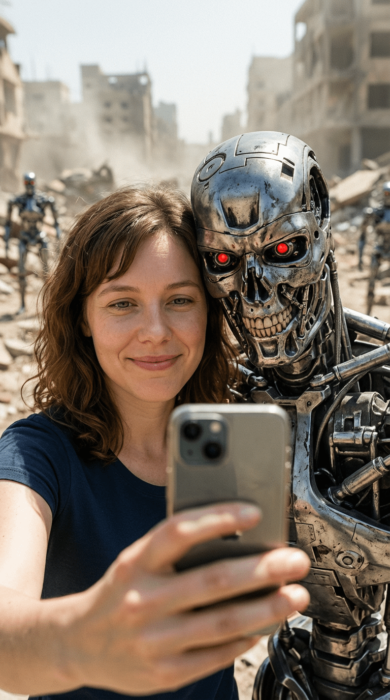 A woman taking a selfie with a T-800 robot in an apocalyptic setting, showcasing realistic skin texture and vibrant daylight.