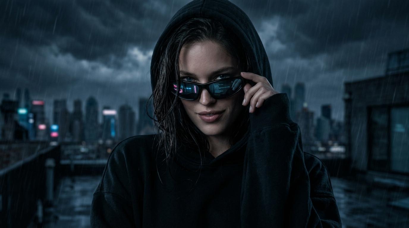 Matte Black Oversized Hoodie Hood Up In Sunglasses reference photo