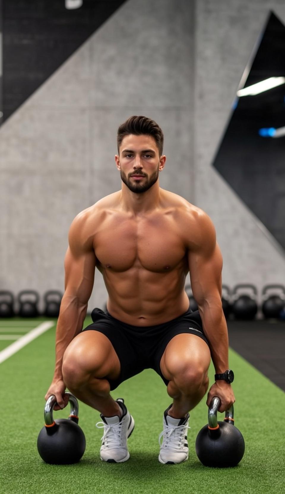 Muscular Short Brown Hair Tanned Skin Black reference photo