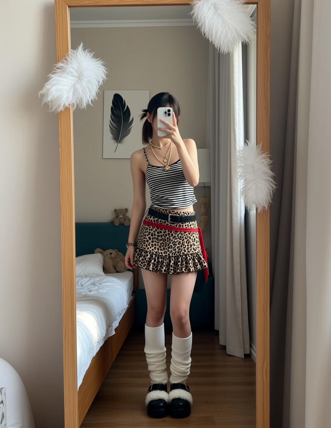 Striped Tank Leopard Skirt Selfie reference photo
