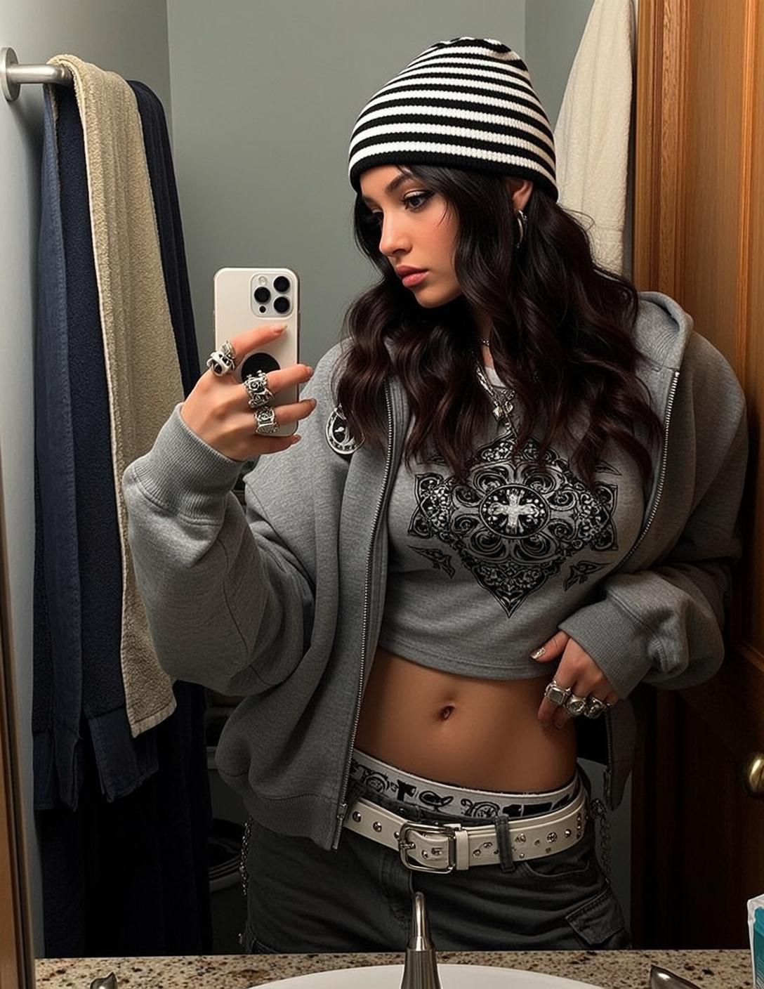 Grey Hoodie Mirror Selfie Bathroom Counter reference photo