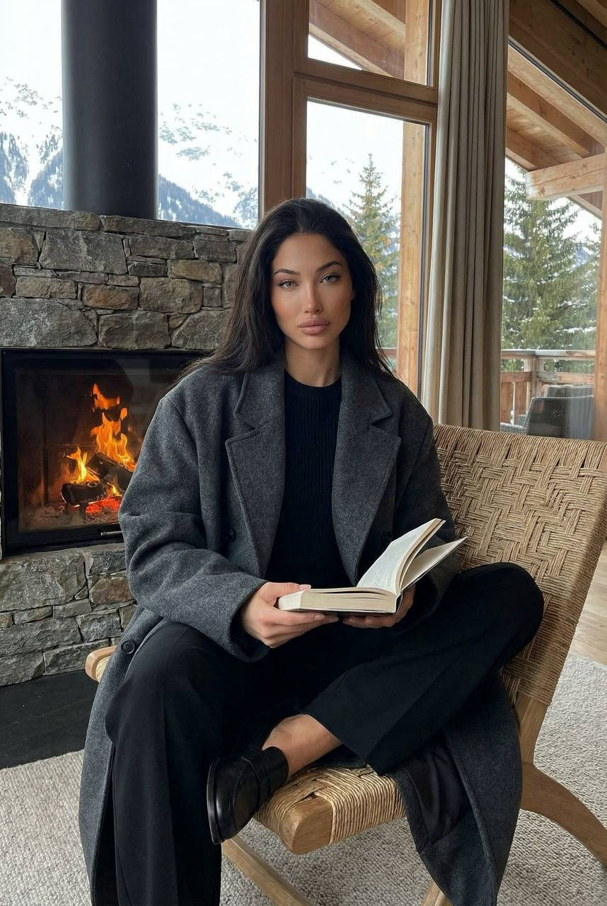 Alpine Interior Woman Book Fireplace Realistic