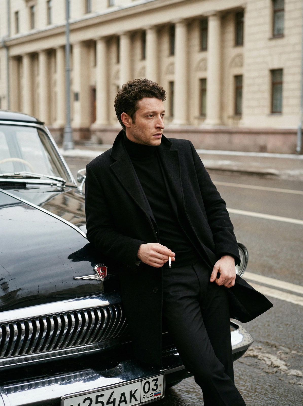 Man Vintage Car Winter City Street