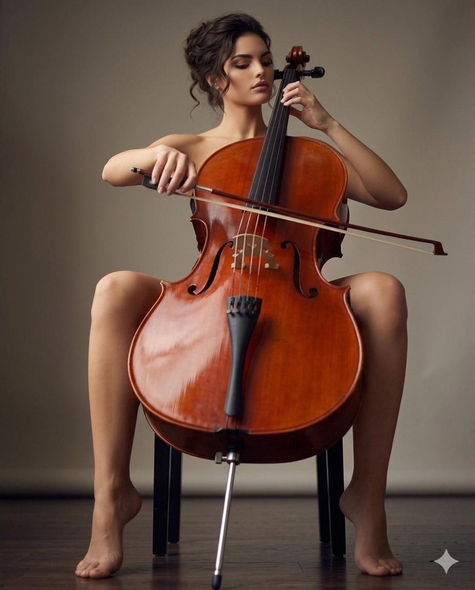 A woman in a tube-top sits gracefully with a cello, her gaze focused as her fingers press the strings.