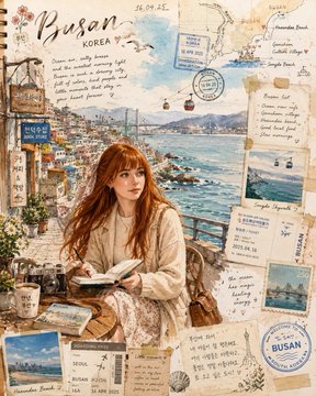 A woman with long wavy hair in a cream cardigan writes in a book on a coastal patio, with coffee and flowers nearby.