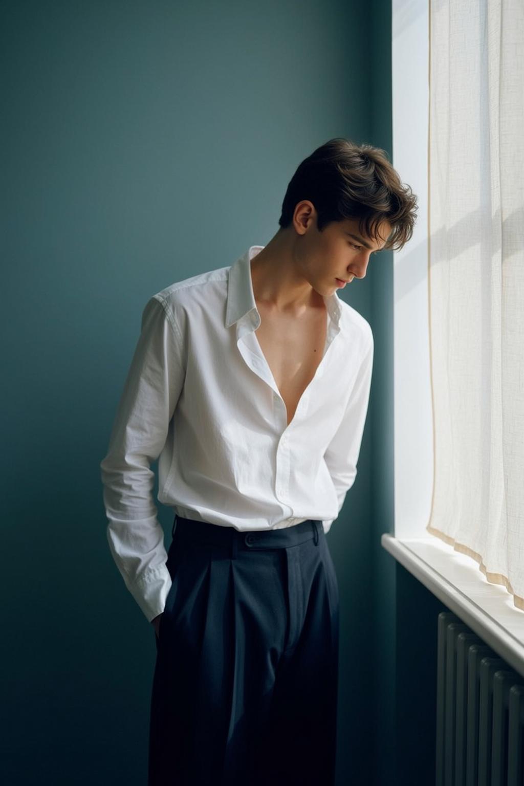 Young Dark Brown Wavy Fair Unbuttoned White reference photo