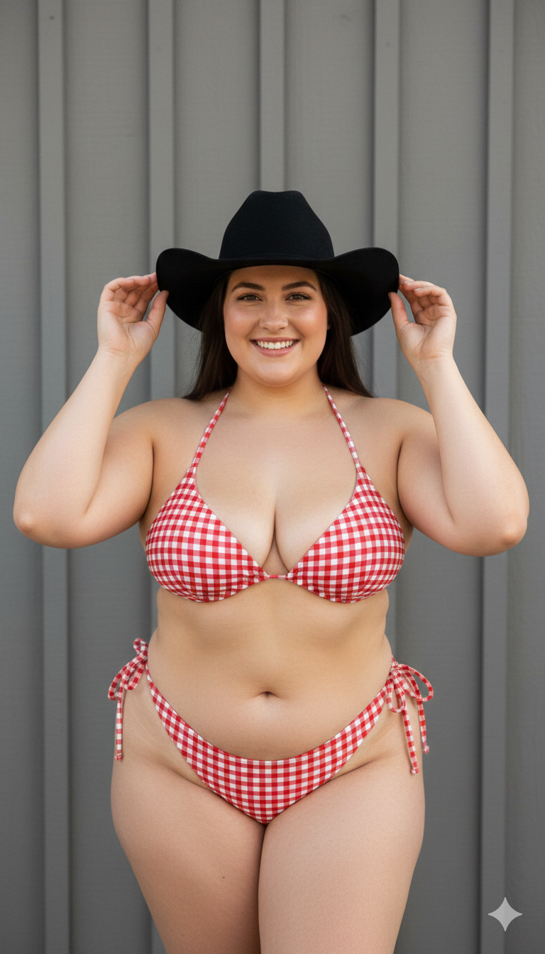 Curvy Woman Gingham Bikini Cowboy Hat