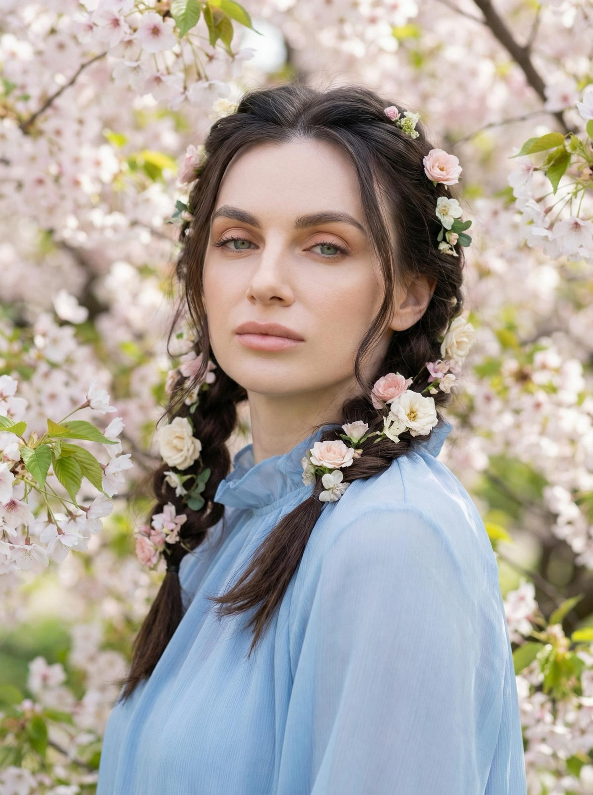 Realistic Spring Garden Portrait Woman Flowers