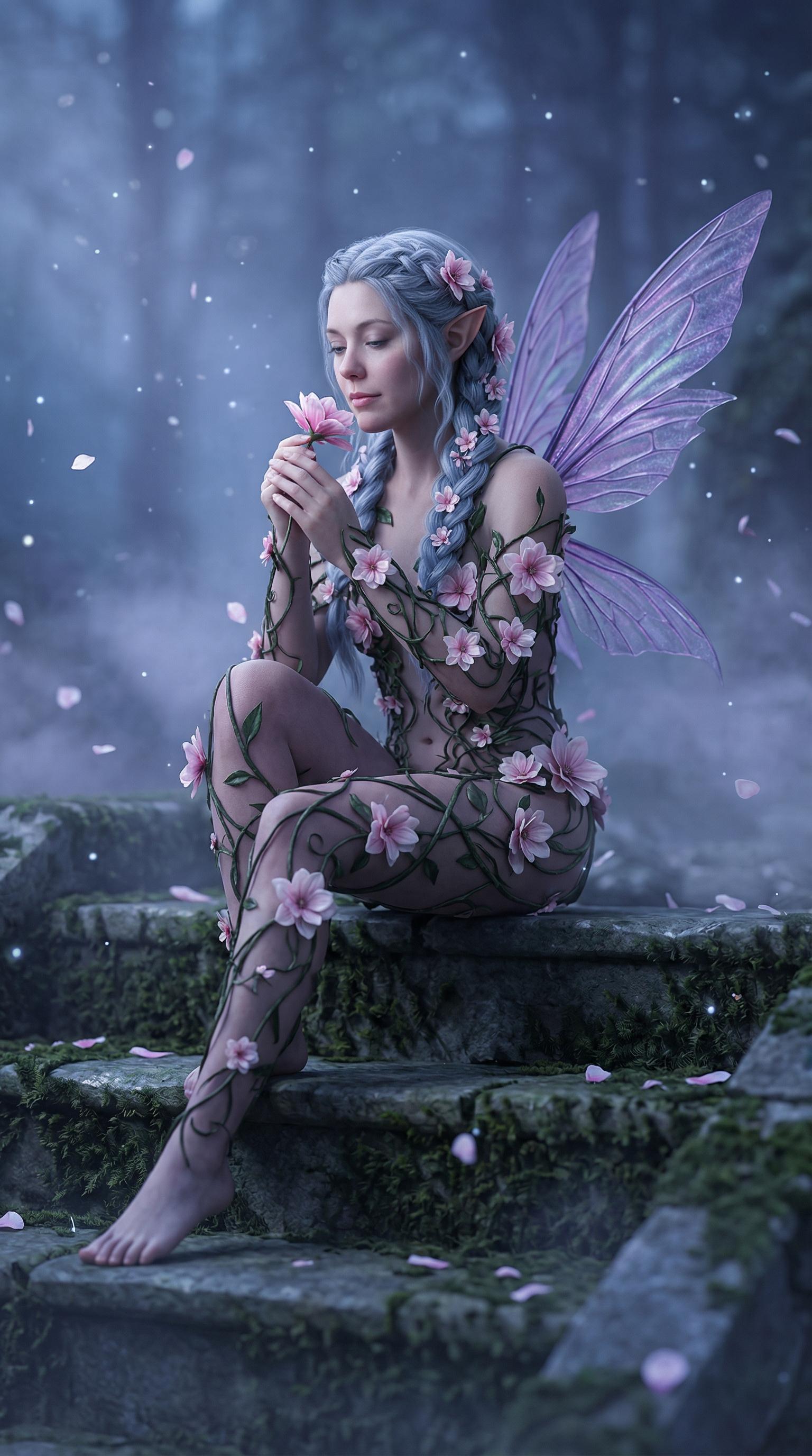 Ethereal Fairy Seated Moonlit Forest Stone Steps Flower