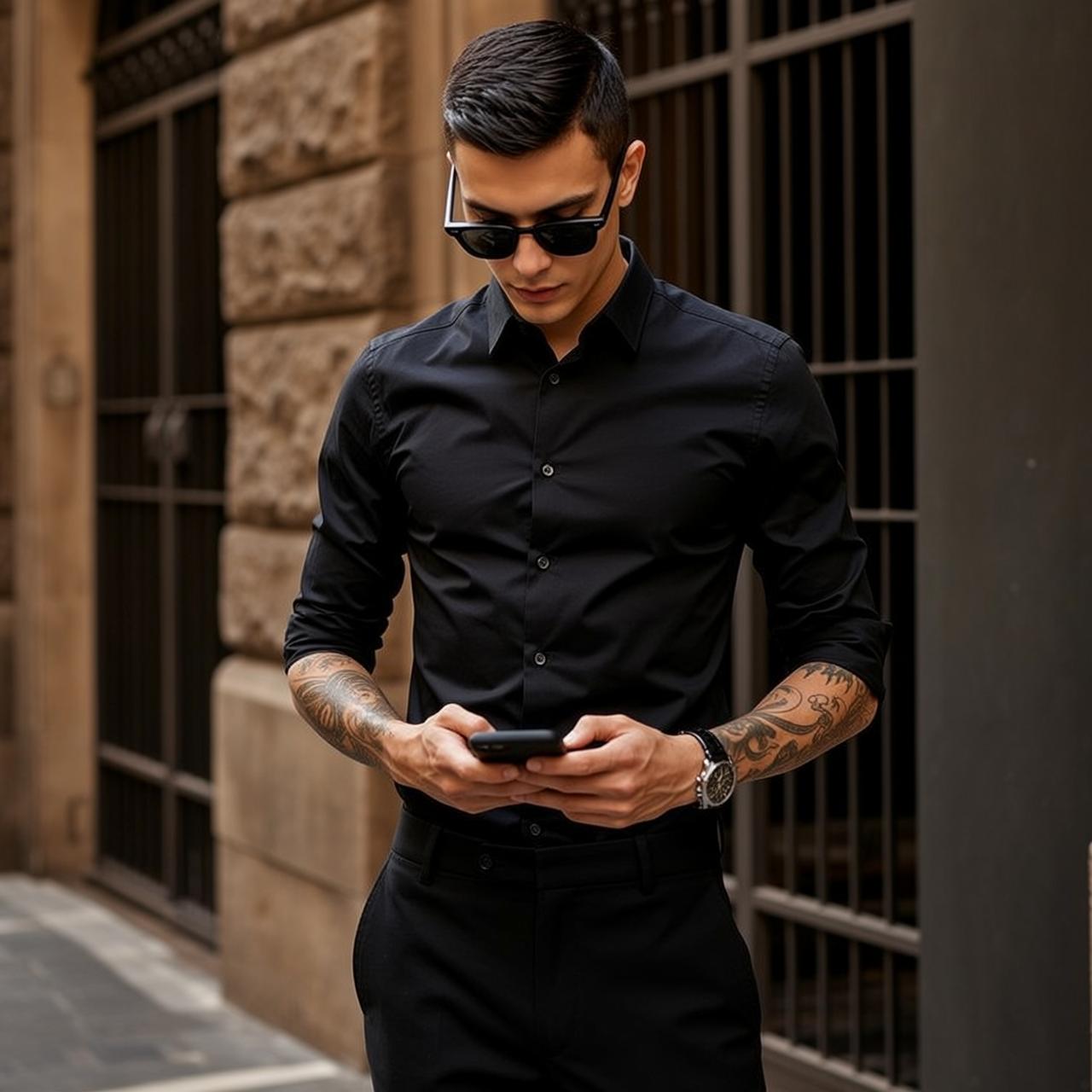 Young Short Dark Styled Light Black Long-sleeved reference photo