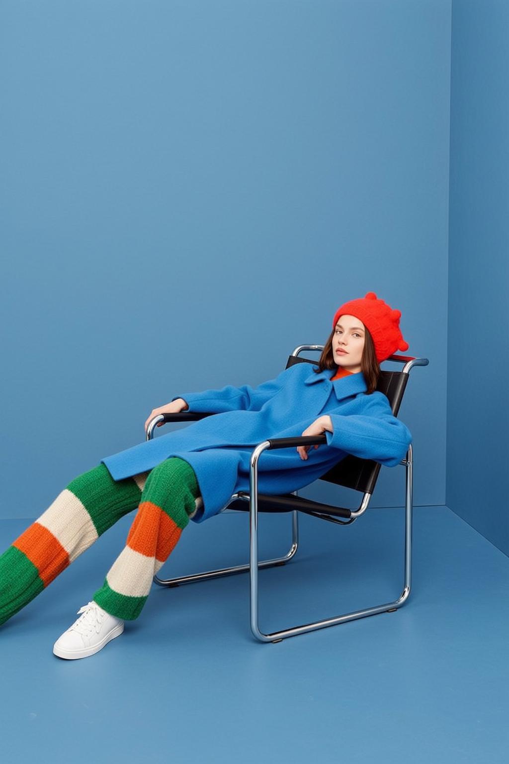 Orange Turtleneck Blue Coat Chair reference photo