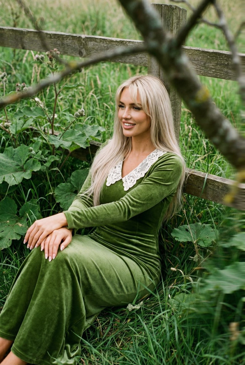 Girl Green Velvet Dress Wooden Fence Cinematic Grain