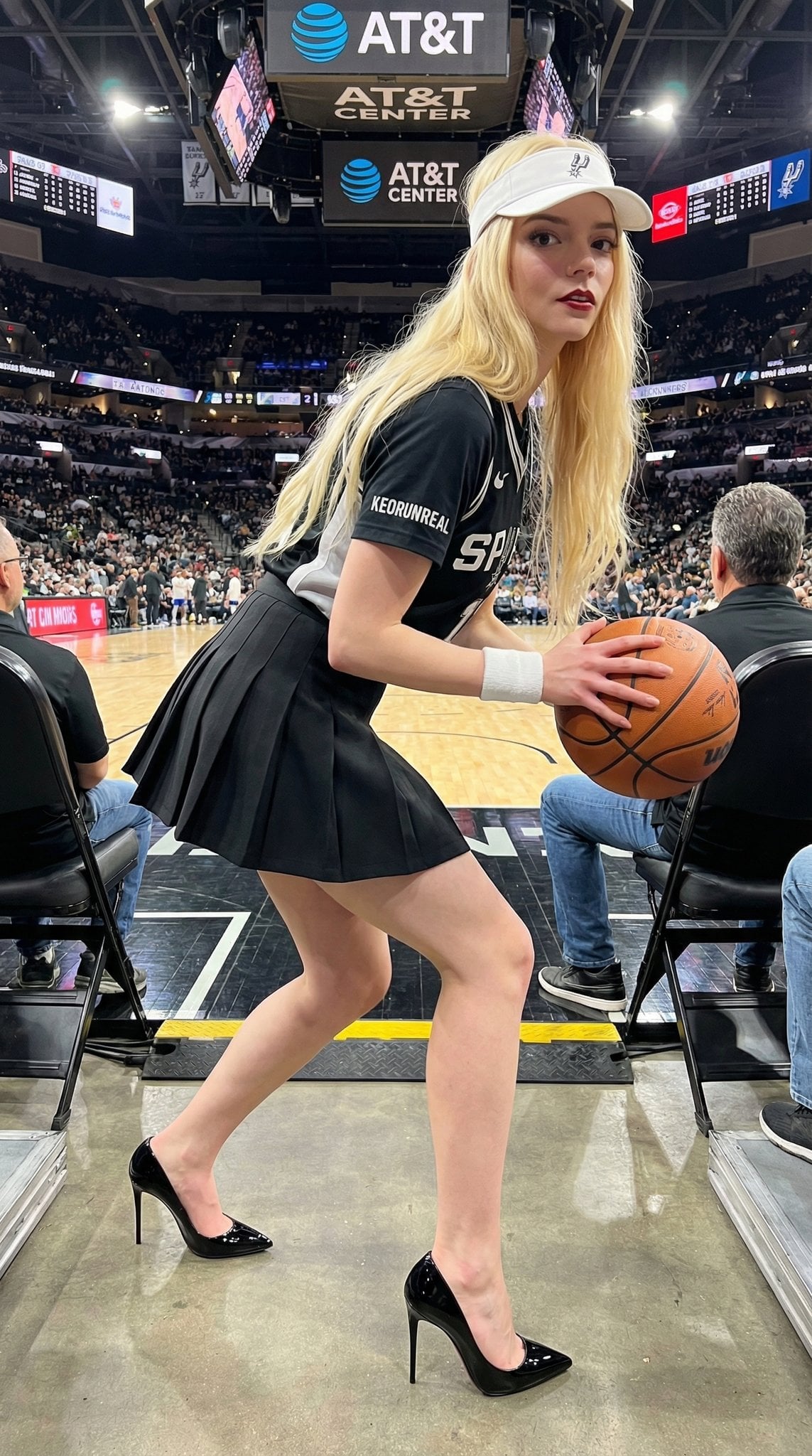 A woman in a black pleated mini-skirt and stiletto heels holds a basketball at the AT&T Center, surrounded by spectators and bright lights.