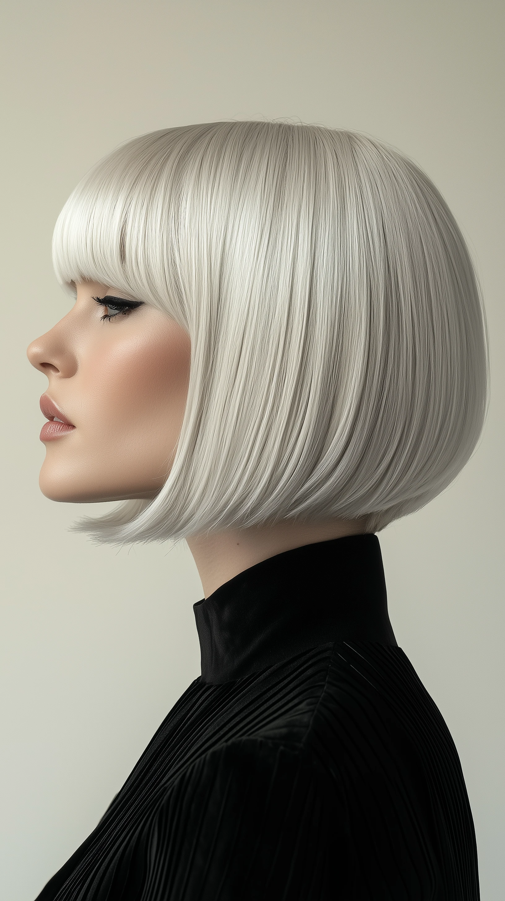 A woman with a silver bob cut against an ivory background, styled with soft highlights showcasing natural hair texture.