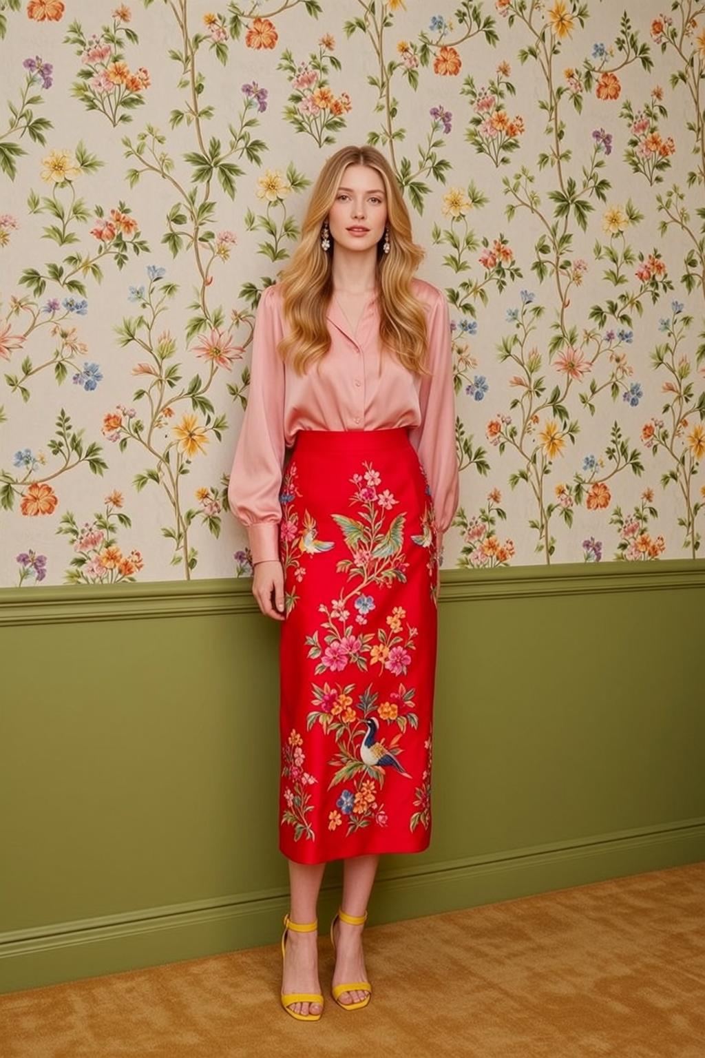 Blonde Woman Pink Silk Blouse Floral Skirt Studio reference photo