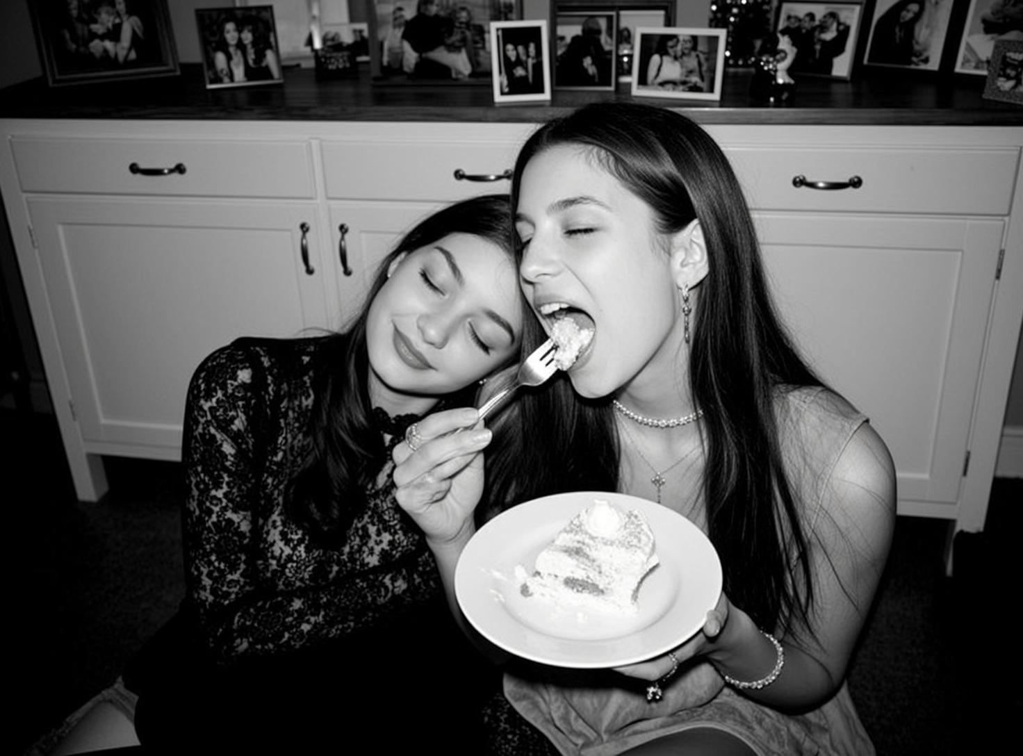 Two Young Women Eating Cake Indoors White Dresser reference photo