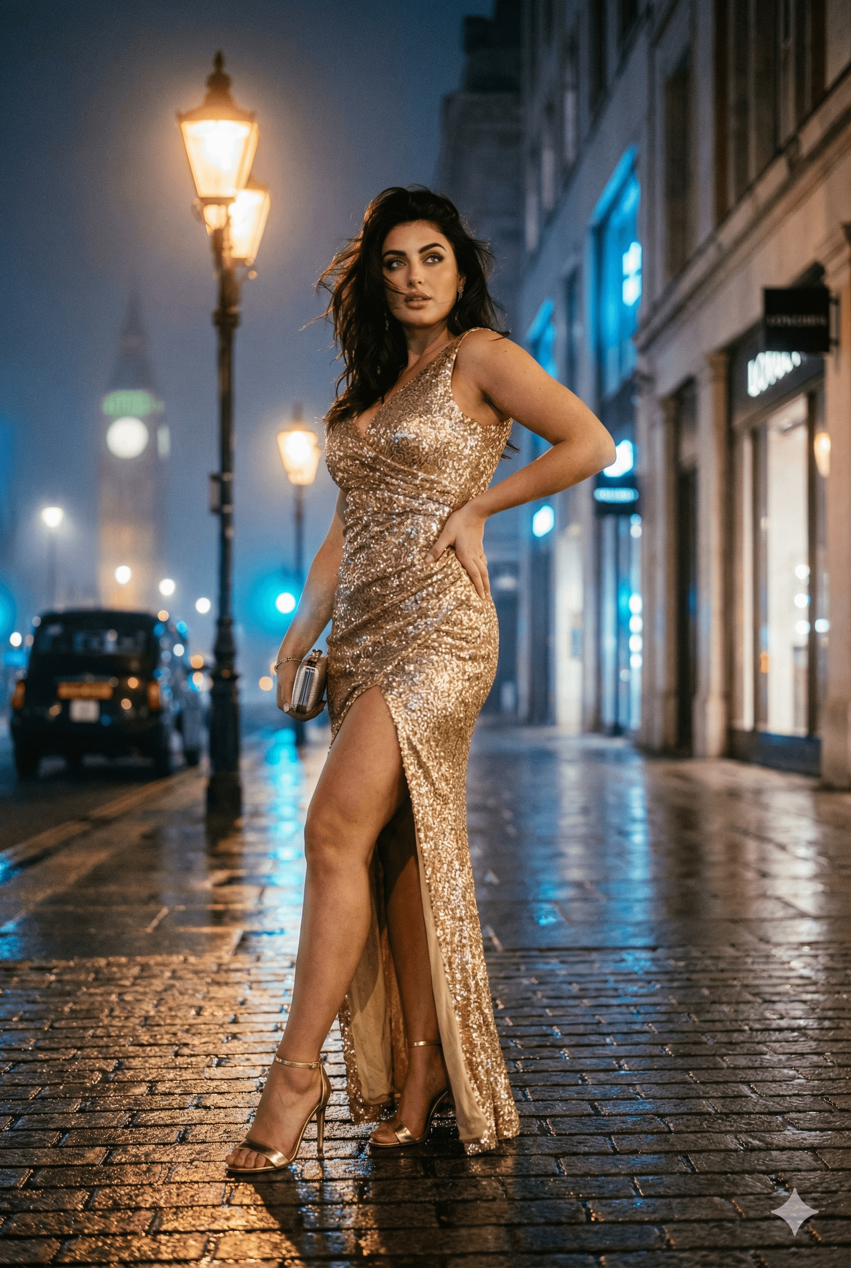 Realistic London Sequin Gown Street Portrait