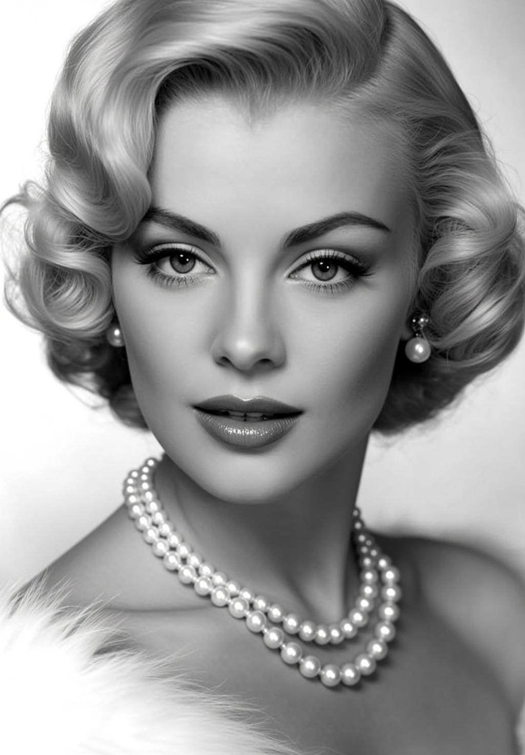 Black And White Medium Close-up Portrait Glamorous Woman With Perfectly reference photo