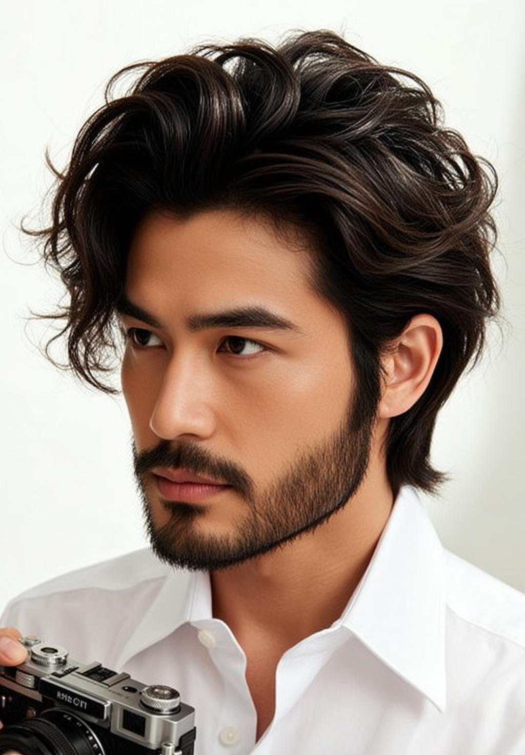 Young Dark Wavy Medium Length Tan White reference photo