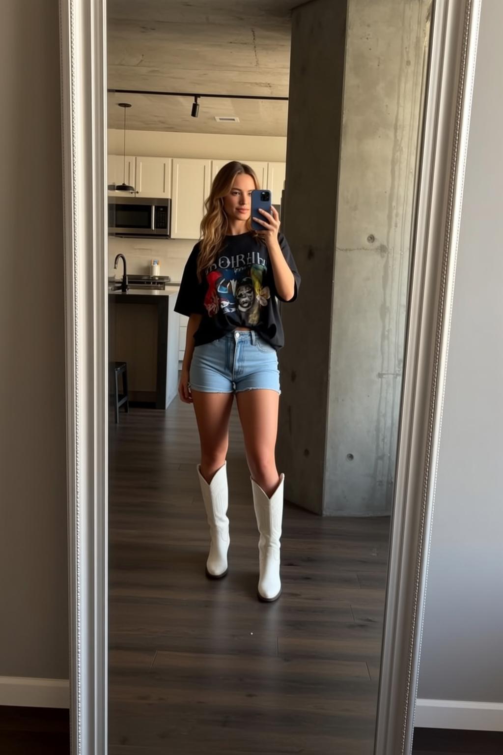 Black Graphic Tee Mirror Selfie reference photo