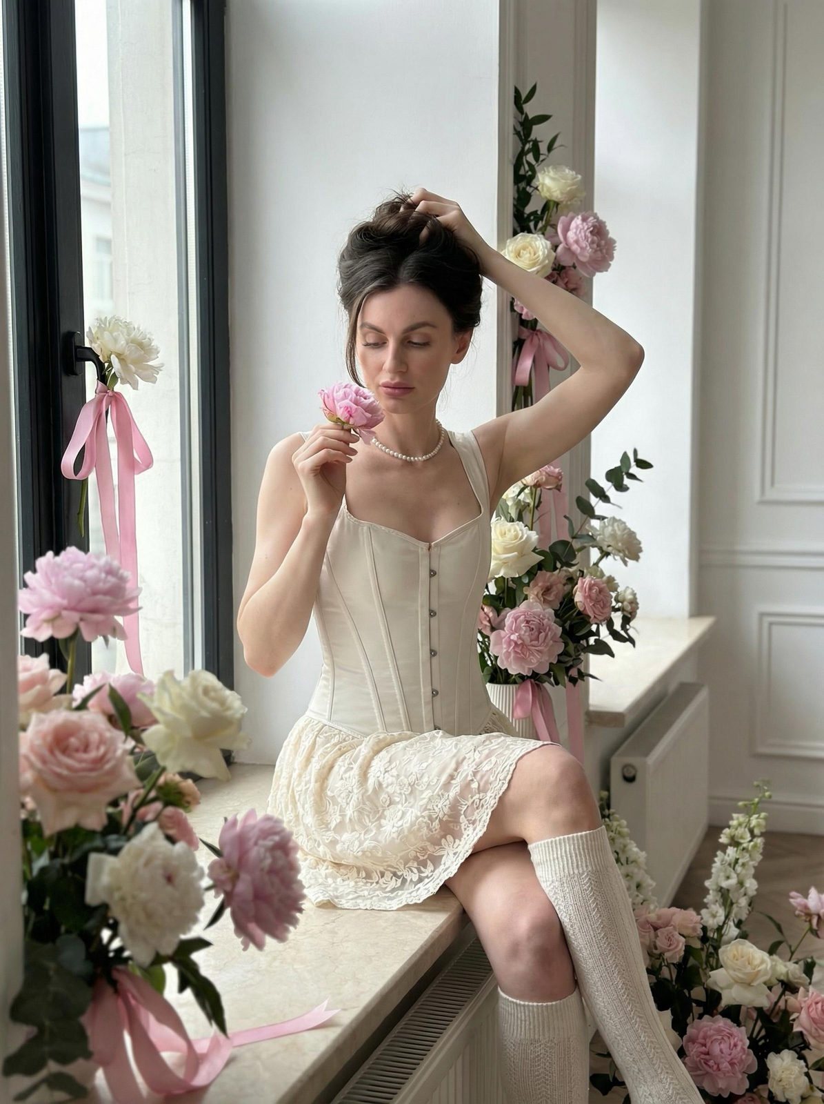 Realistic Woman Floral Windowsill Portrait