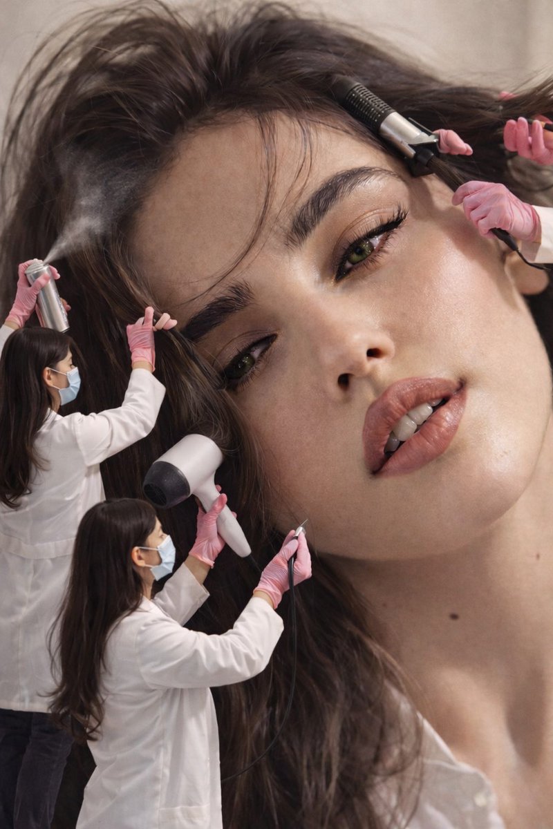 Surreal close-up portrait of a giant face with miniature figures performing beauty tasks, showcasing intricate facial detail and soft lighting.