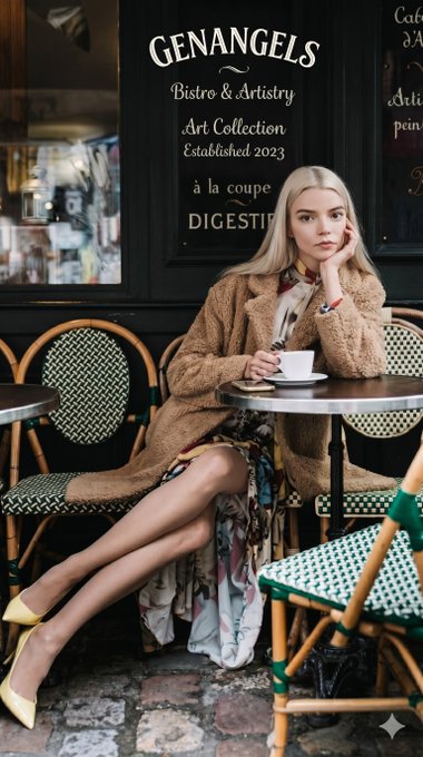 Cafe Table Fluffy Coat Yellow Heels Cobblestone