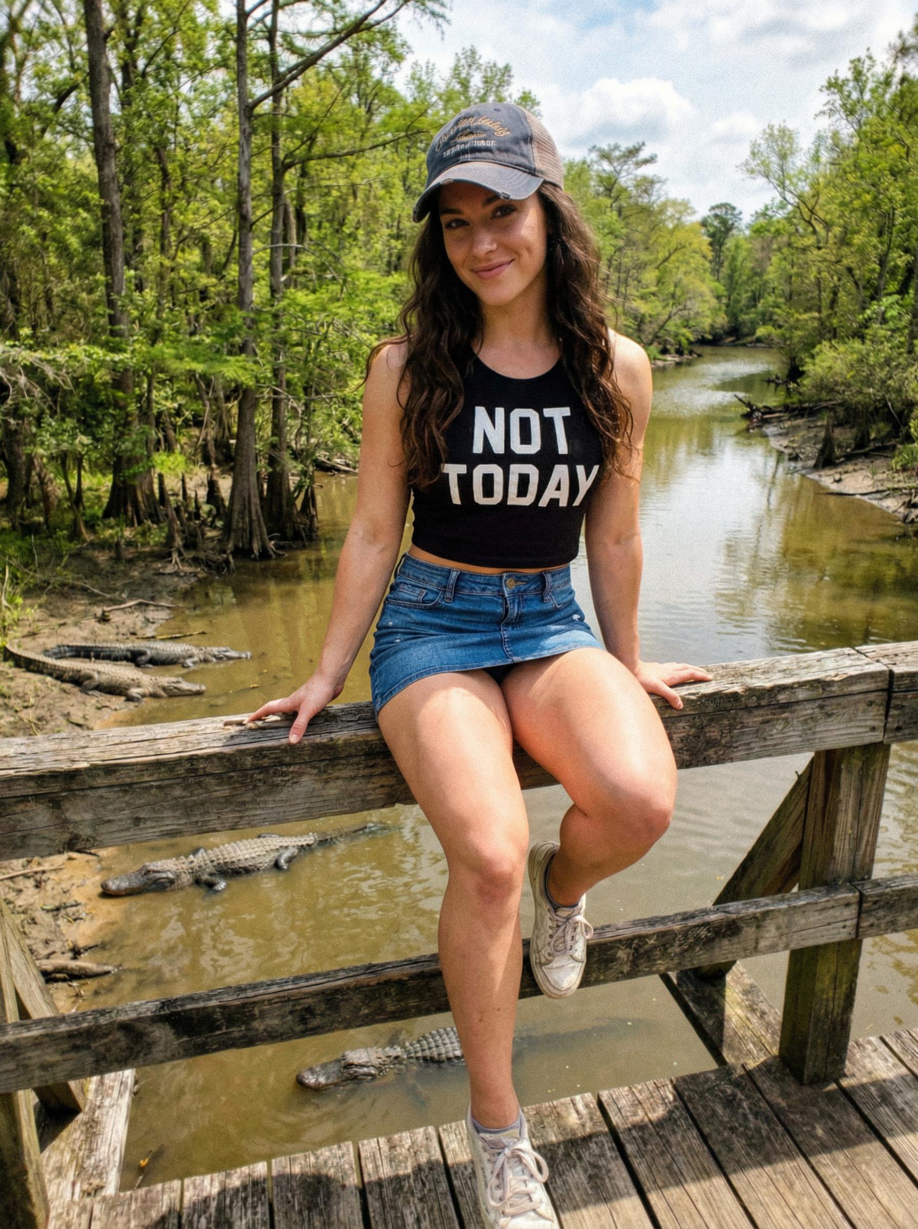 Swamp River Alligator Woman Denim Skirt Trucker Hat