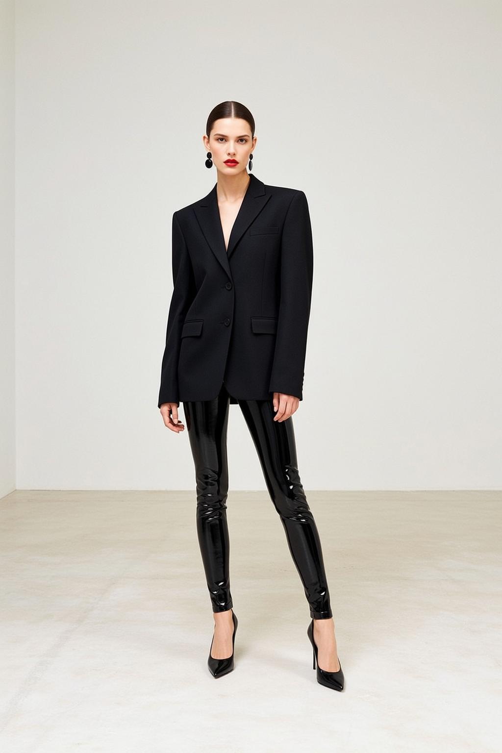 Minimalist Studio Fashion Black Blazer Vinyl Leggings reference photo