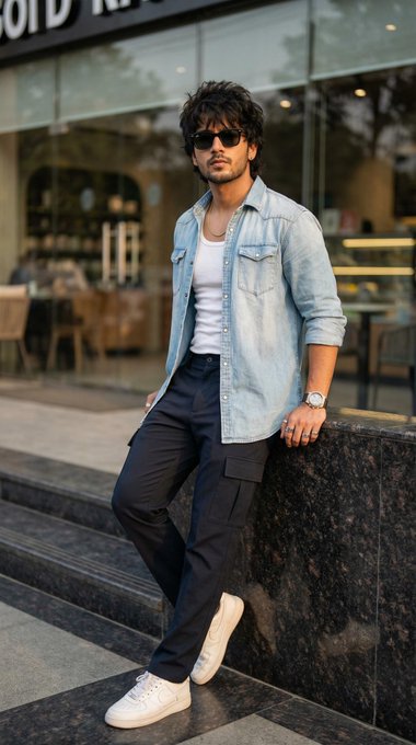 Denim Shirt Cargo Pants Stone Wall Medium Shot