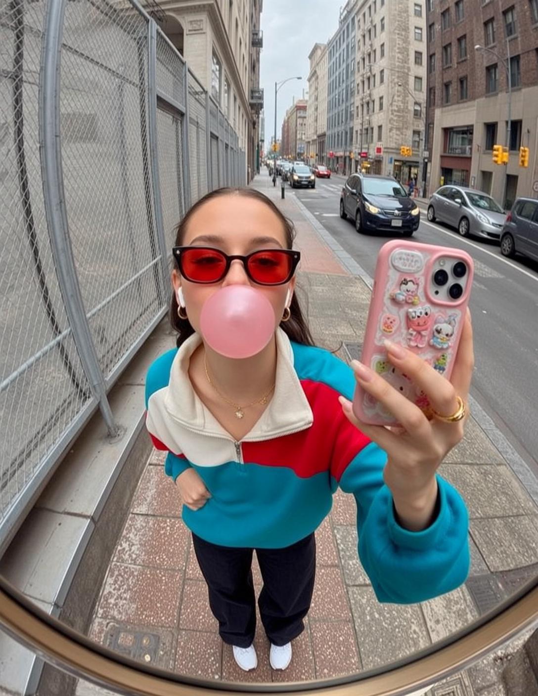 Colorblock Sweatshirt Red Sunglasses Look reference photo