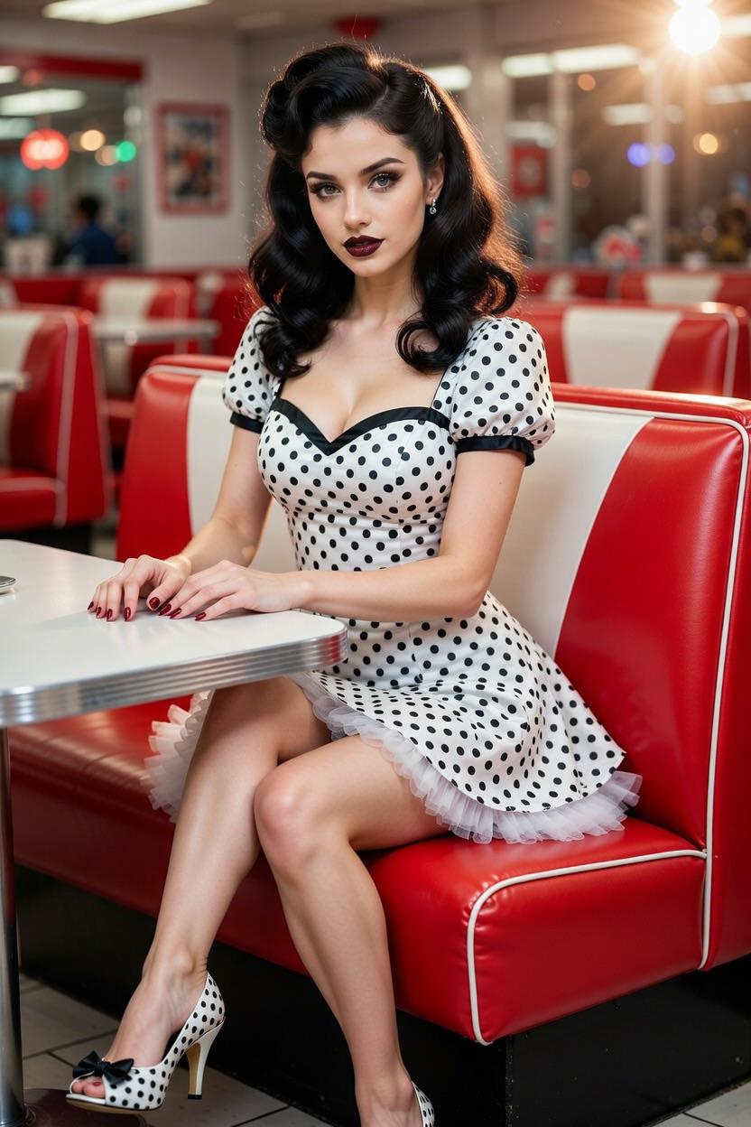 Retro Pin Up Girl Polka Dot Dress Vintage Pose
