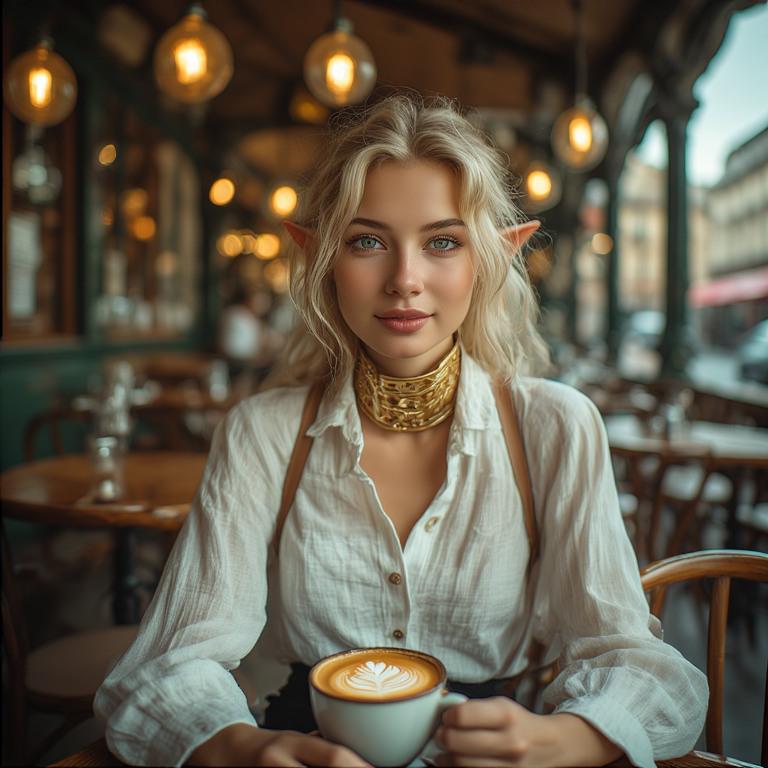 An elf woman leans over her espresso at a café table, captured in rich lighting with reflections from her gold collar and Bordeaux street lamps in the background.