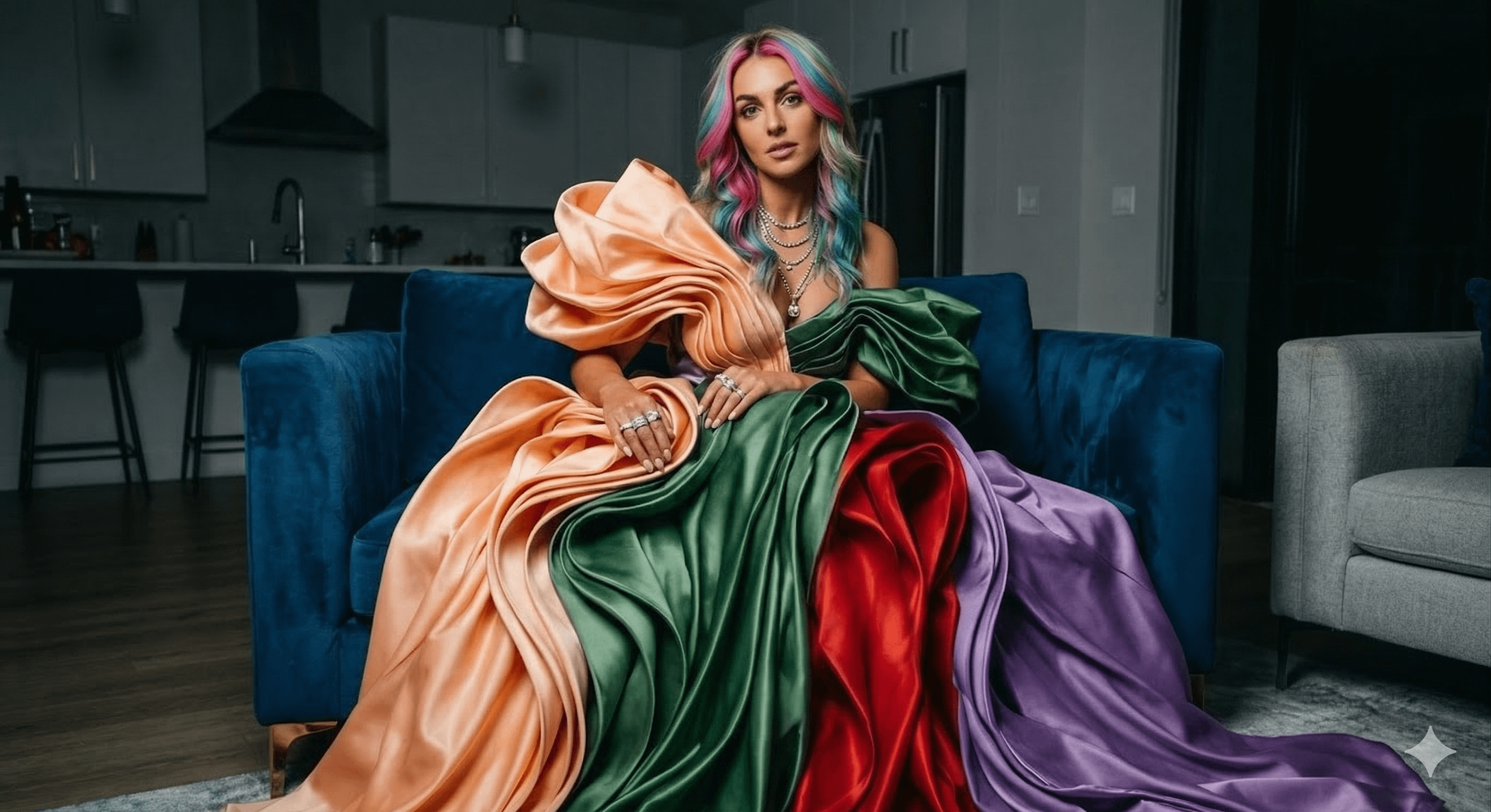 A person in a voluminous multi-colored satin gown sits elegantly on a deep blue velvet armchair in a modern living room.