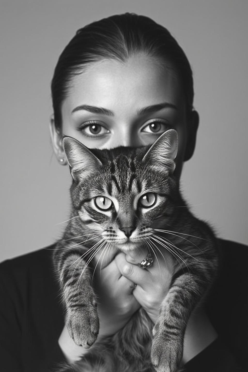 Black And White Medium Shot Portrait Young Woman Holding Tabby reference photo
