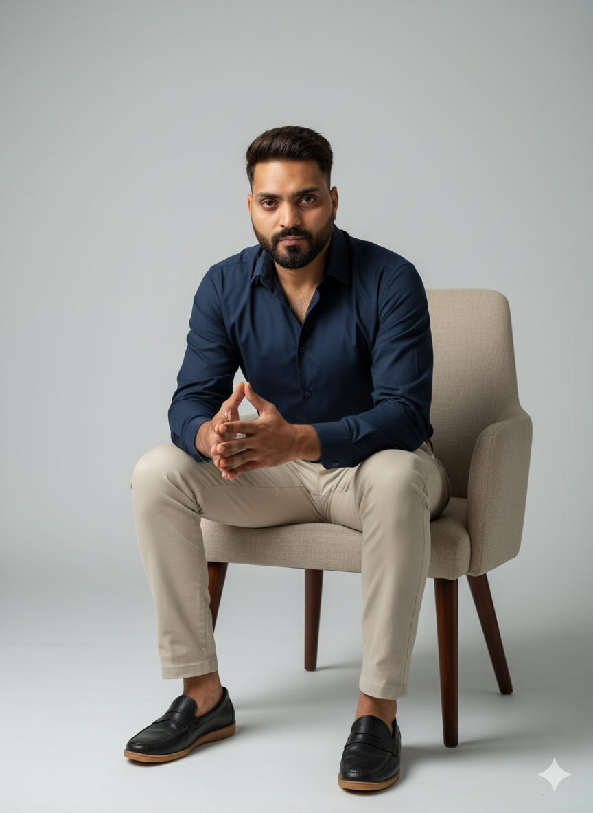 Confident man in dark navy shirt and beige pants sitting on a modern armchair, intense gaze and cinematic lighting.