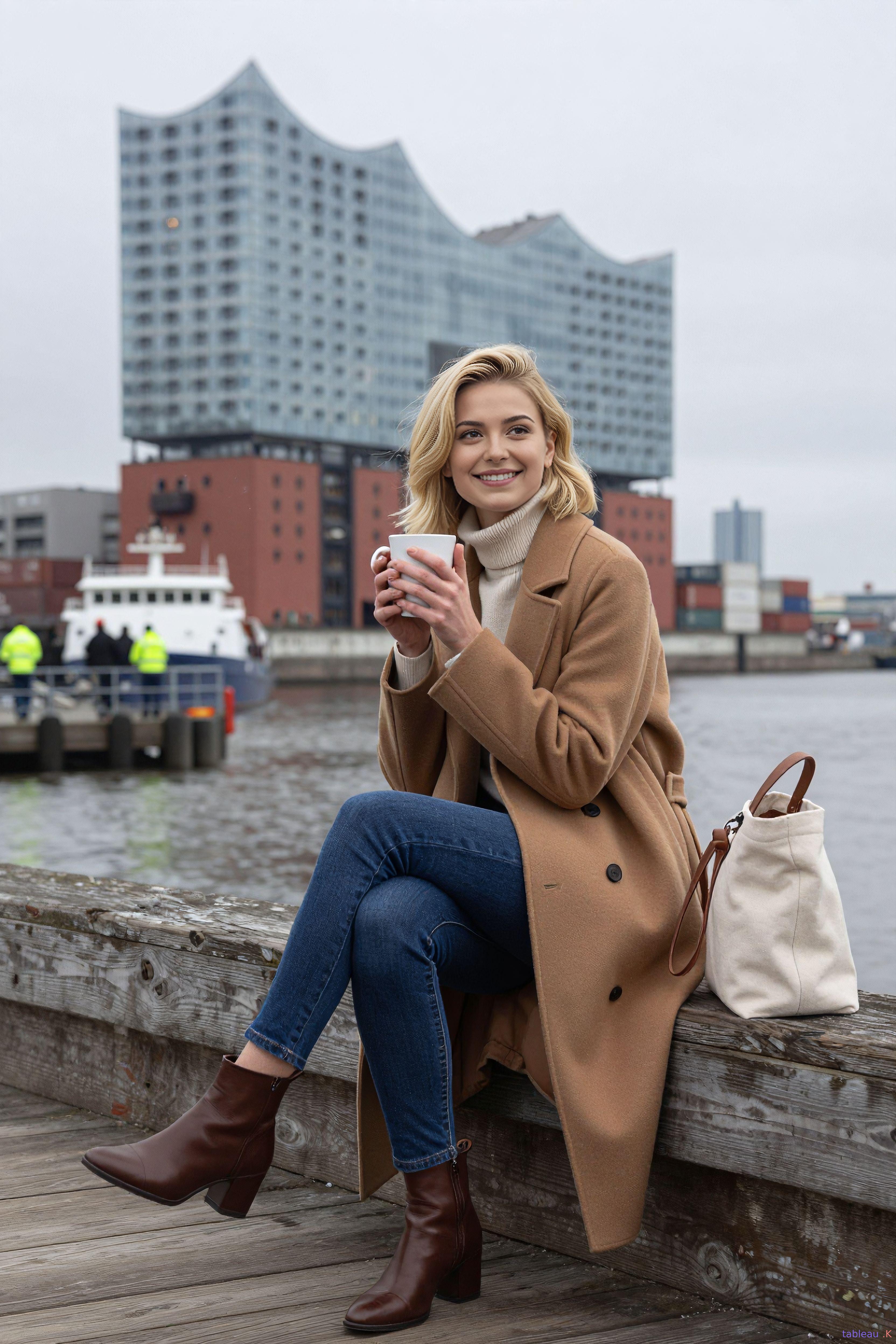A woman seated on a weathered wooden pier in Hamburg, dressed in a camel coat, holding a coffee cup, with the harbor in the background.